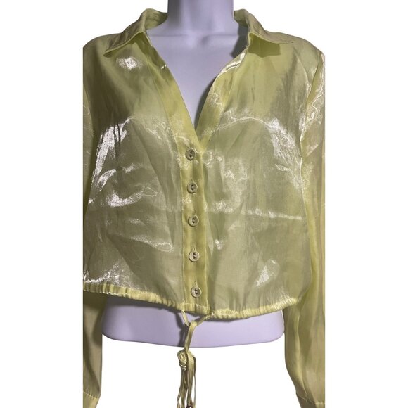 House Of Harlow 1960 Crop Top Sheer Yellow Button-Up Drawstring Shirt Womens M - Picture 3 of 6